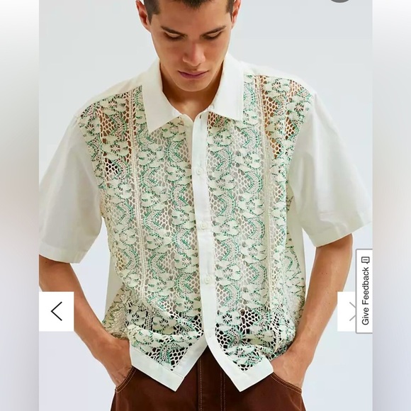 NWOT BDG Urban Outfitters Cream Green Crochet Lace Short Sleeve Button Down / sm - Picture 1 of 11